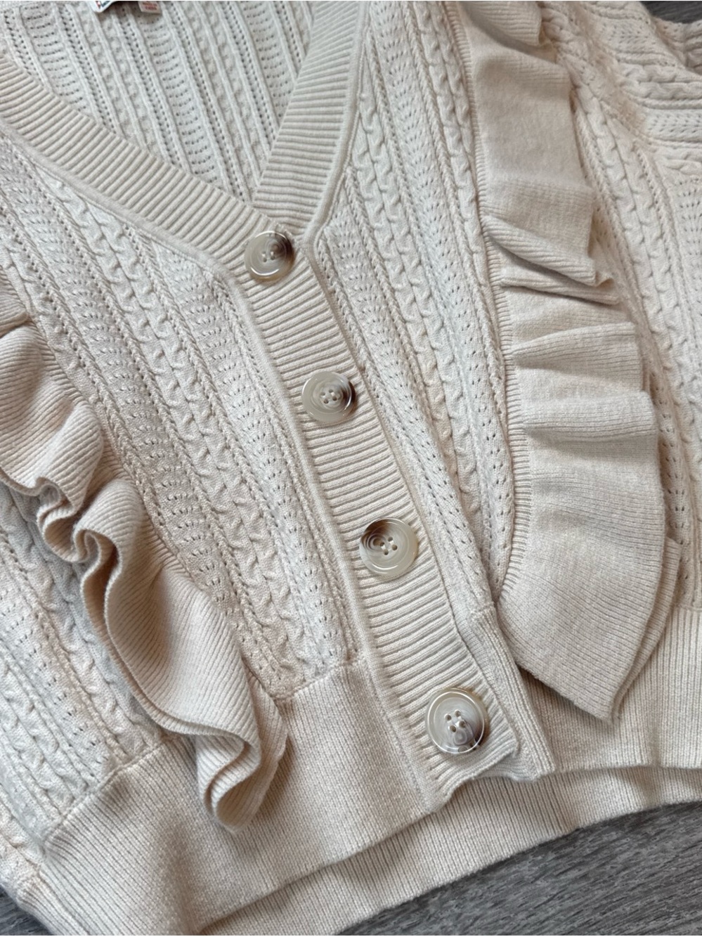 Flying Tomato Cream Ruffle Cable-Knit Button Cardigan - Picture 3 of 3